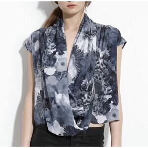 Leith Nordstrom Silk Top Small Blue Gray Floral Drape Front 100%‎ Silk Blouse